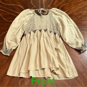 Free People Hand Embroidered Boho Top | Sage Green Black Embroidery | Sz S